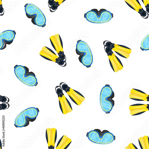 Summer pattern with a scuba diving costume. Vector seamless pattern with flippers and diving mask.