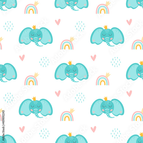 Baby elephant pattern. Sweet elephant patterns Cartoon blue elephant head with crown, rainbow, cute animal. © Tani Kuzminka