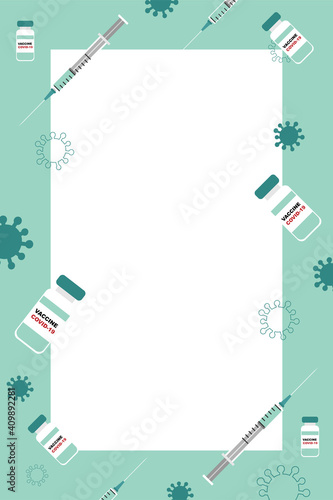 Vaccination against covid-19. Syringes and vaccine doses. Vertical Banner with blank space for text