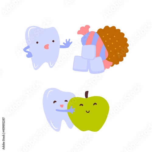 Cartoon tooth character choosing an apple and ignoring candy and sugar.