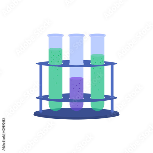 Vector illustration of isolated reagent tubes from the lab on a stand, inside an experiment rack.