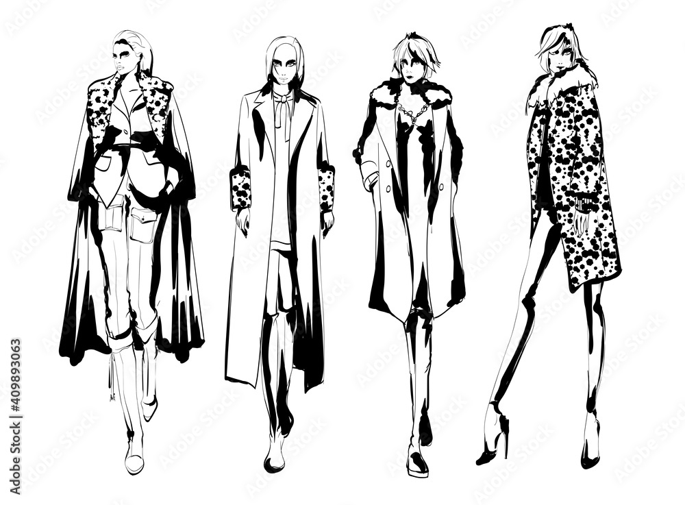 Beautiful young women in modern style.. Hand drawn stylish woman portrait. Fashion lady. Autumn outfit. Sketch set. Fashion model posing in coat. Hand drawn fashion woman. Beautiful young women in modern style.. Hand drawn stylish woman portrait. Fashion lady. Autumn outfit. Sketch set. Fashion model posing in coat. Hand drawn fashion woman.