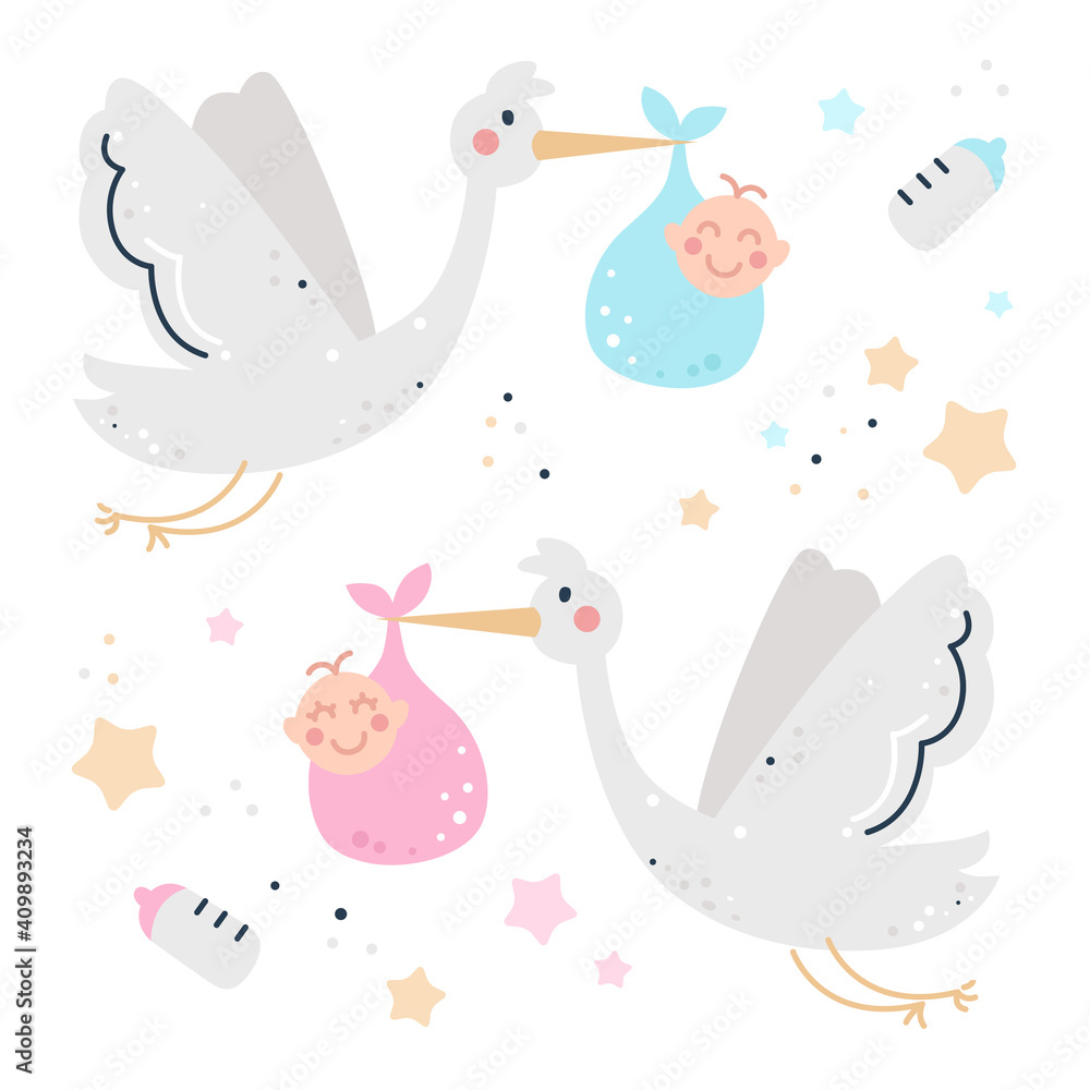Hand drawn childish set with storks and babies. Hand drawn childish set with storks and babies.