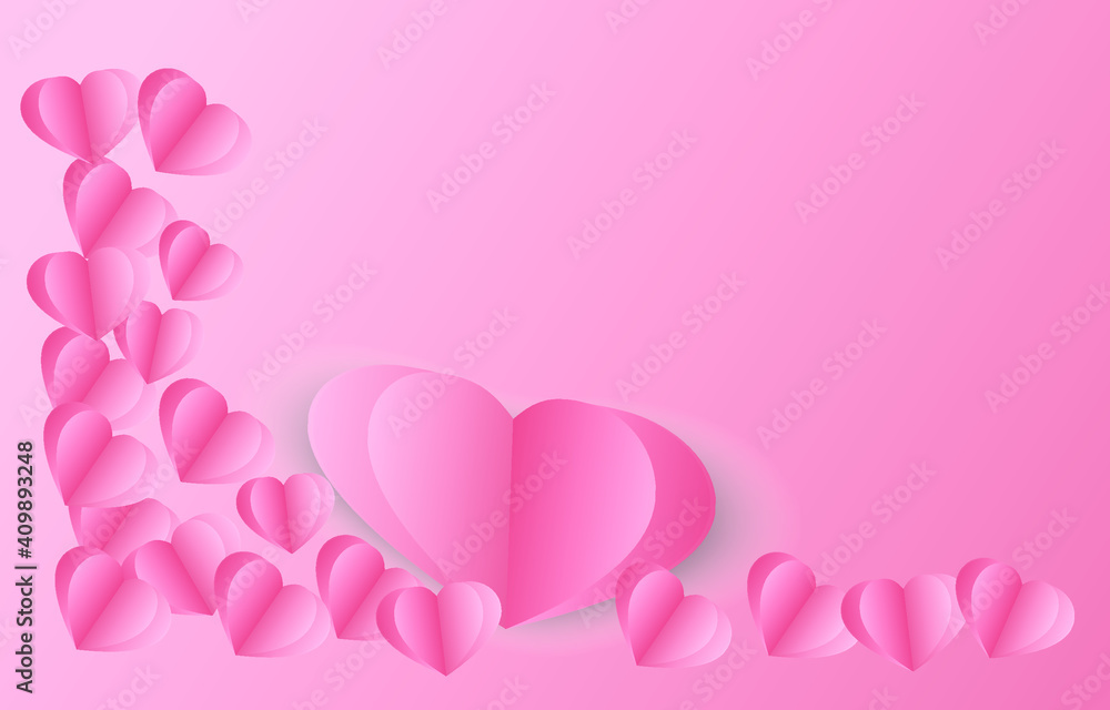 Pink hearts, paper elements in shape of heart flying on pink background. vector symbols of love for Happy Valentine's Day, birthday greeting card design.