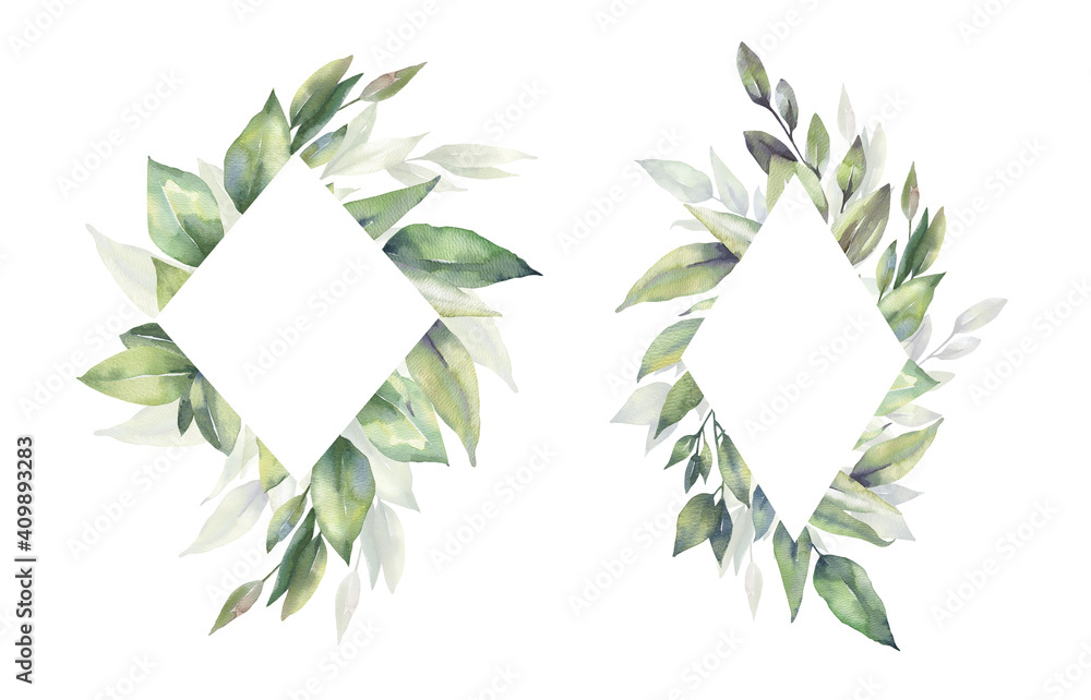 Watercolor floral illustration set - green leaf Frame collection, for ...