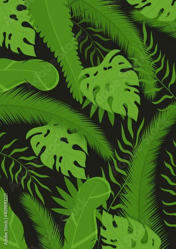 Poster with tropical leaves. Vector illustration of a discounted summer banner.