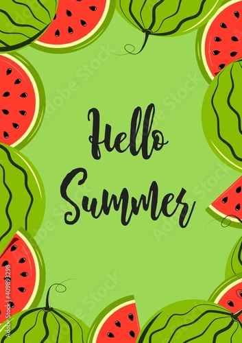 National Watermelon Day. Vector banner with summer fruits and design elements.