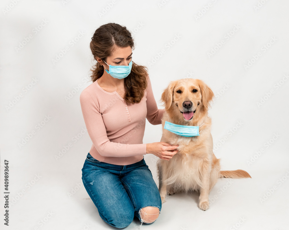 Close up image White golden retriever. Female woman in medical protected face mask disinfects dogs paws with a sanitizer. A dog smile looks at camera with mask isolated on white background. Pets hygie
