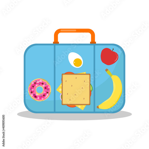 Lunch box, lunch box with sandwich, banana, apple and donut. Vector cartoon illustration.