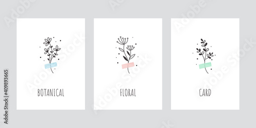 Botanical floral cards with herbal bouquets on scotch tape. Elegant background.