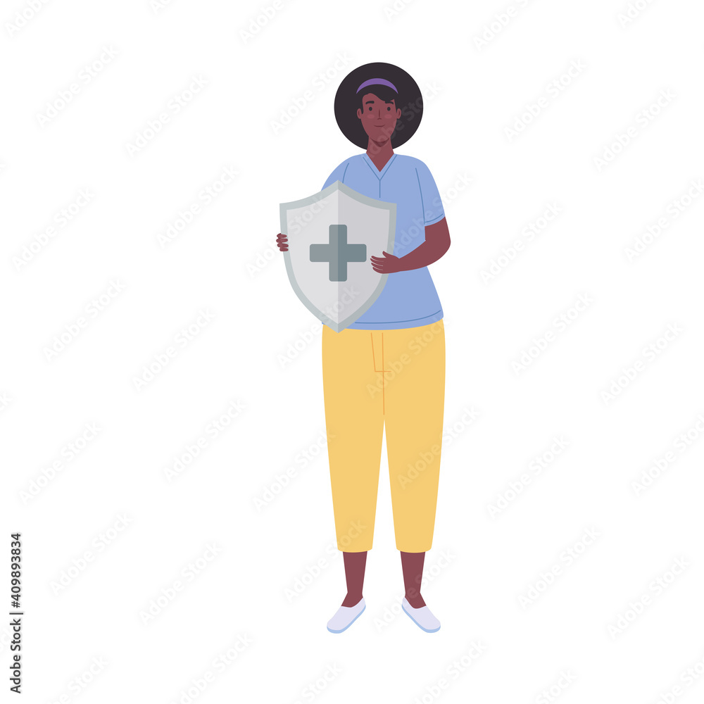 afro woman lifting shield with medical cross immune system vector illustration design afro woman lifting shield with medical cross immune system vector illustration design