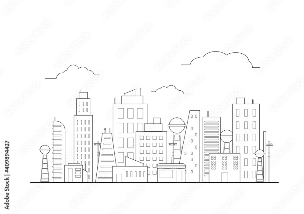 flat line illustration city vector, skyscraper building graphic background concept