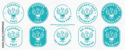 Concept for product packaging. Labeling - paraben free. The chemical ingredient flask with wings is a symbol of freedom from parabens. Vector set.