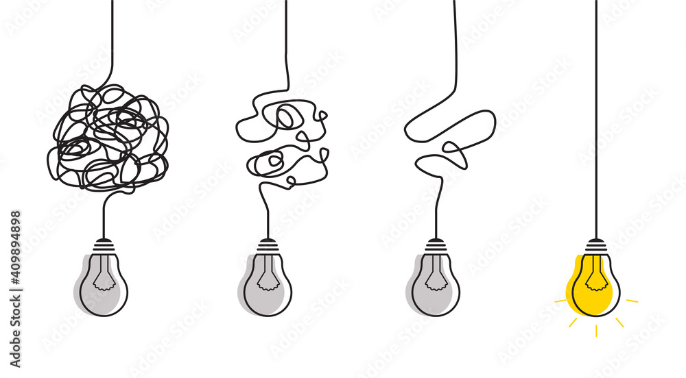 Abstract metaphor of business problem solving or difficult situation. Simplification streamlining process with lightbulbs. Tangle tangled and unraveled.Vector idea concept isolated on white background - obrazy, fototapety, plakaty 