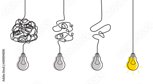 Abstract metaphor of business problem solving or difficult situation. Simplification streamlining process with lightbulbs. Tangle tangled and unraveled.Vector idea concept isolated on white background photo