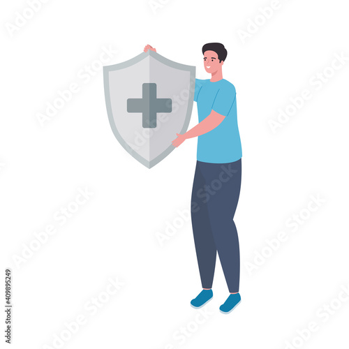 man lifting shield with medical cross immune system vector illustration design