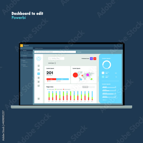 Power bi. Dashboard information. Business infography. Graphs and charts. Interactive report. EPS10