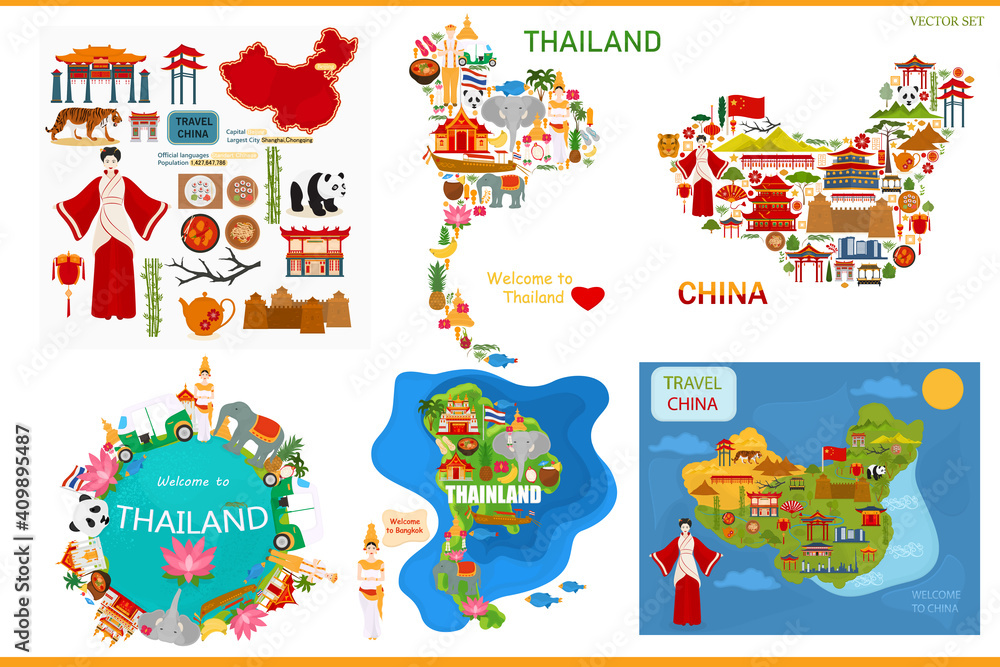 Map of Thailand and China with traditional symbols and architecture. Travel to China and Thailand.