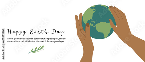Happy Earth Day, Earth Hour, environment safety celebration. Hands hold our planet gently. Vector flat cartoon illustration. Perfect for landing page, banner design, web