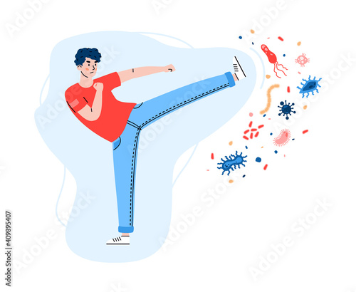Young man fights virus and bacteria, cartoon flat vector illustration isolated on white background. Resistance of viral diseases and immune system strengthening.