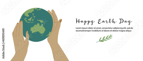 Happy Earth Day, Earth Hour, environment safety celebration. Hands hold our planet gently. Vector flat cartoon illustration. Perfect for landing page, banner design, web