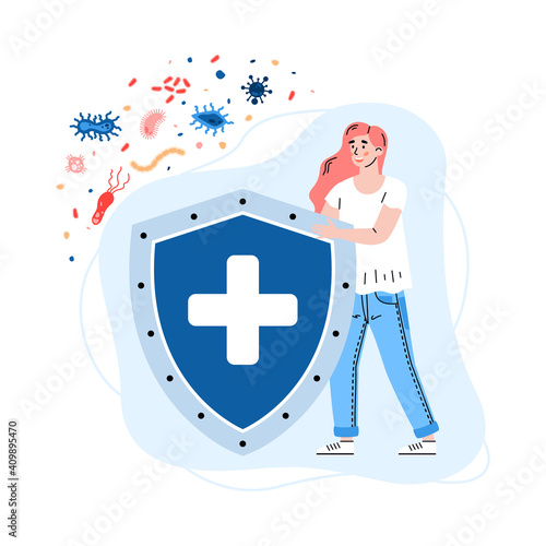 Woman with huge shield reflecting virus attack, cartoon vector illustration isolated on white background. Antiviral defense and prophylactic of epidemic.