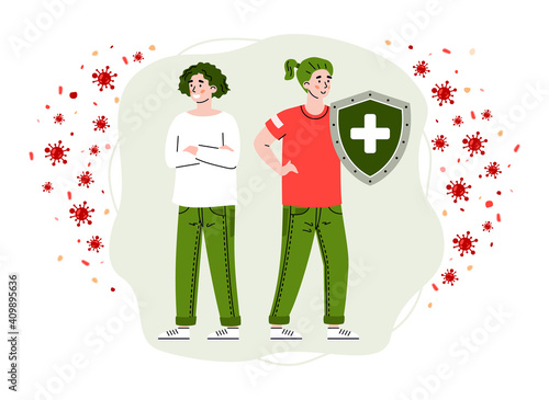 Cartoon people characters fight virus and bacterias, flat vector illustration isolated on white background. Viral diseases and infections resistance and prevention.