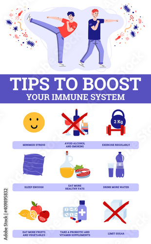 Banner with tips how to boost your immune system. Male characters with strong immunity fighting with viruses and bacteria. Vector flat illustration.