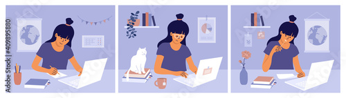 Home schooling vector illustrations set. Online education, e-learning, training concept. Young woman typing on laptop, writing, making homework. Student girl studying remotely. Computer distance work