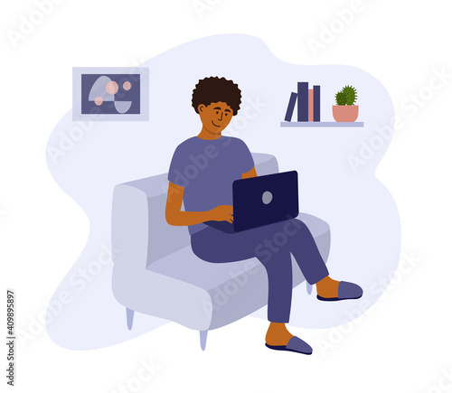 Young man working, studying or playing using laptop. Student or freelancer sitting on sofa. Online education, remote virtual work. Programmer workplace, home office in apartment. Vector illustration