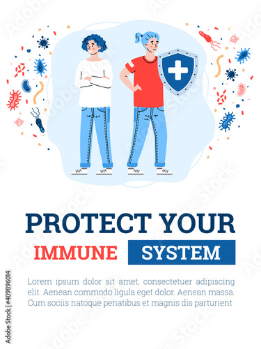 Protect your immune system banner with people fighting viruses and bacteria, flat vector illustration. Strengthening immune system and increasing resistance to viruses.