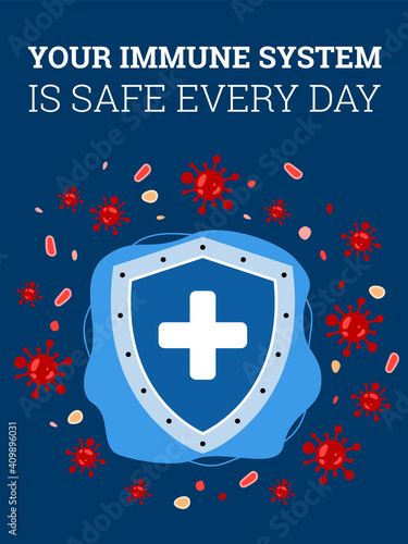 Shield of strong immune system who protection human body from attack coronaviruses and bacteria. Medical protection and safety, healthy lifestyle. Vector poster with text
