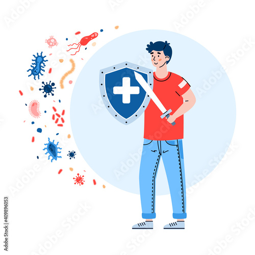 Health and strengthened immune system concept. Man with sword and shield reflects attack infections. Healthy lifestyle for protection and safety of human body. Vector illustration.