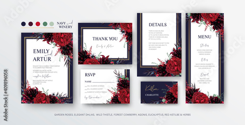 Floral wedding invite, menu, rsvp card editable vector design. Red marsala garden rose flowers, burgundy dahlias, eucalyptus leaves, thistle, bouquet, golden frame on navy blue background. Elegant set