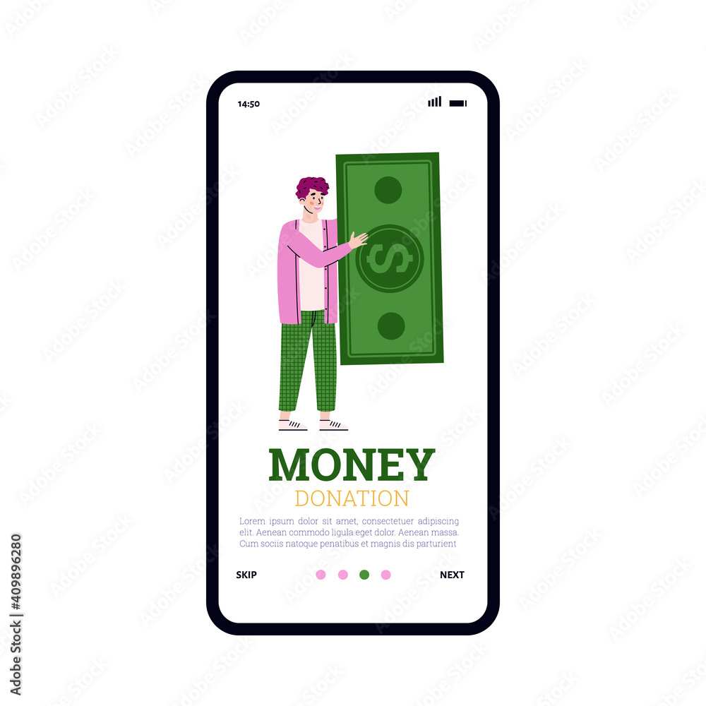 Mobile application page design for charity foundation and money donation with man holding huge money bill, flat cartoon vector illustration isolated on white background. Mobile application page design for charity foundation and money donation with man holding huge money bill, flat cartoon vector illustration isolated on white background.
