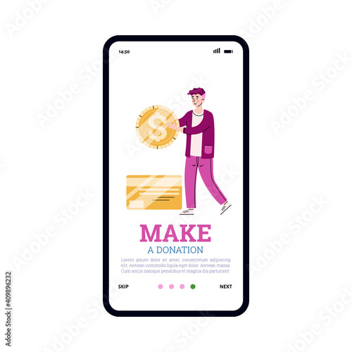 Donation, charity and help with money. Mobile phone screen with female volunteer who with love collecting coins for social support and help poor homeless people. Vector illustration