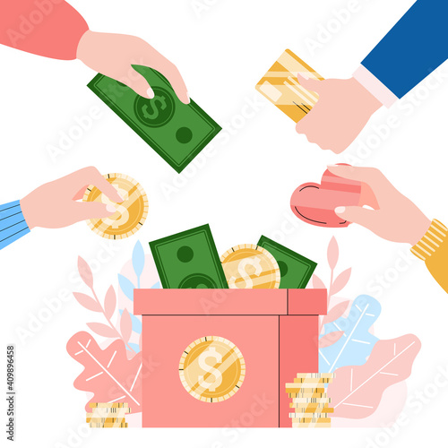 Charity, donation and volunteering concept. Human hands puts of money and coins in donate box. Social support, aid and help for poor and needy people. Vector isolated illustration.