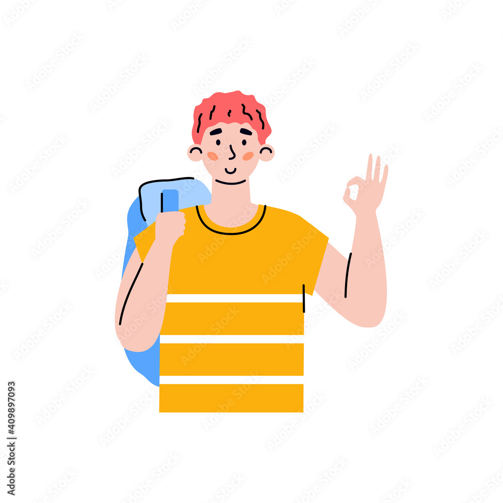 Young smiling man holding his fingers in OK gesture, flat cartoon vector illustration isolated on white background. Guy shows sign of success and positivity. Young smiling man holding his fingers in OK gesture, flat cartoon vector illustration isolated on white background. Guy shows sign of success and positivity.