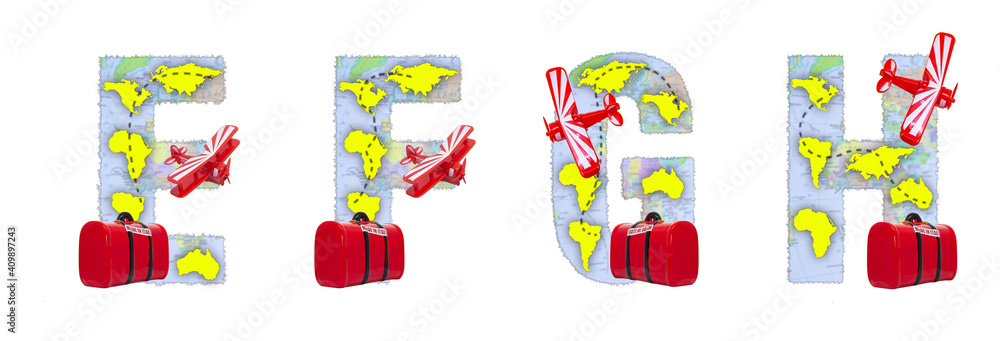Font, letter E, F, G, H made from a travel map Font, letter E, F, G, H made from a travel map