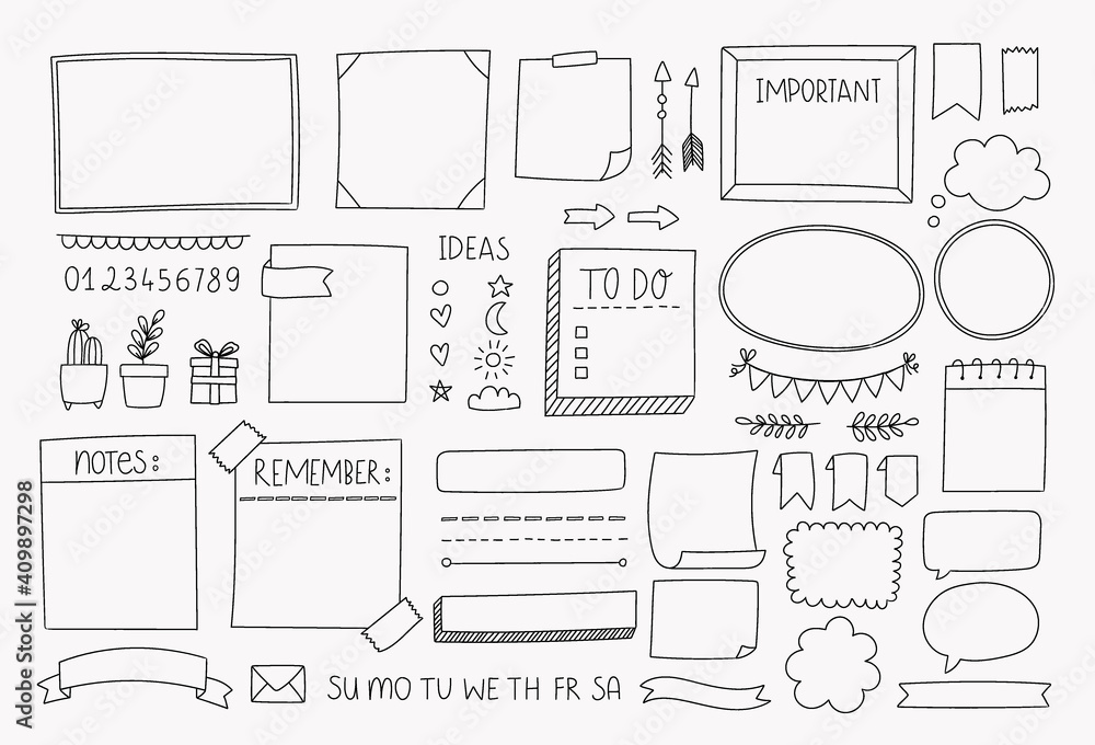 Bullet journal hand drawn vector elements for planner, notebook, diary. Doodle banners isolated on white background. Notes, list, frames, dividers, design elements. Bullet journal hand drawn vector elements for planner, notebook, diary. Doodle banners isolated on white background. Notes, list, frames, dividers, design elements.