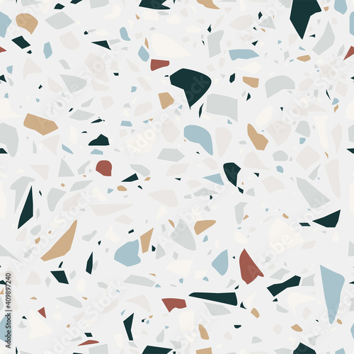 Vector terrazzo seamless pattern. Color marble texture in venetian style. Granite textured shapes in pastel colors. Wallpaper, web background, fabric design.	
