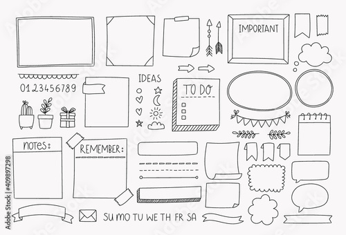 Bullet journal hand drawn vector elements for planner, notebook, diary. Doodle banners isolated on white background. Notes, list, frames, dividers, design elements.