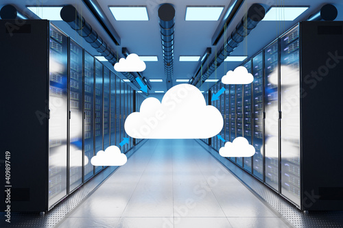 cloud storage share logo in large modern data center with multiple rows of network internet server racks, 3D Illustration