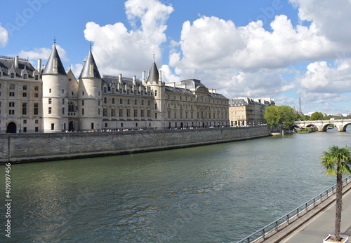 View of La Conciergerie from a bridge over the Seine River. Paris, France.  