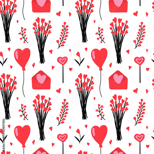 Lovely Valentine seamless pattern. Love objects in red color isolated on white background. Heart flowers bouquet, balloon, letter. Design for home decor, textile, kitchen decor, wrapping paper, cards.