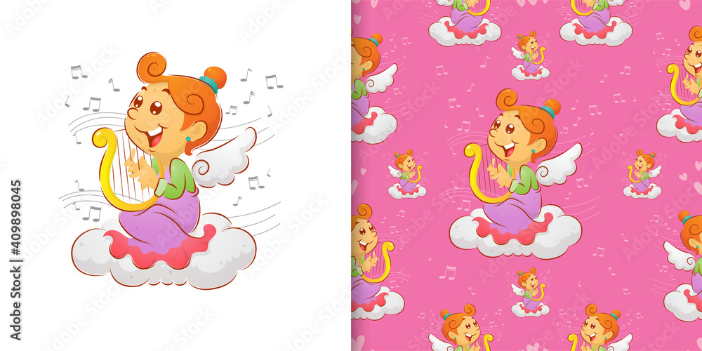 The watercolor of the love goddess makes the song with the harp The watercolor of the love goddess makes the song with the harp