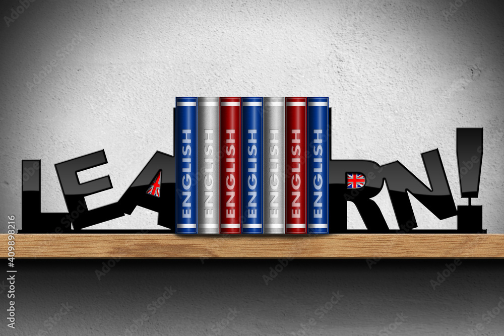 Learn English Language. 3D illustration of a wooden shelf with a group