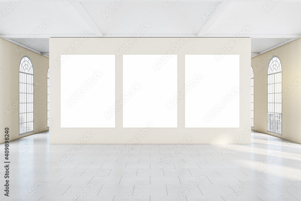 Fototapeta premium Clean classical gallery interior with three blank poster on wall.
