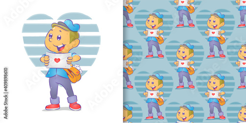 The postman is holding the love letter with the love striped love on the pattern set
