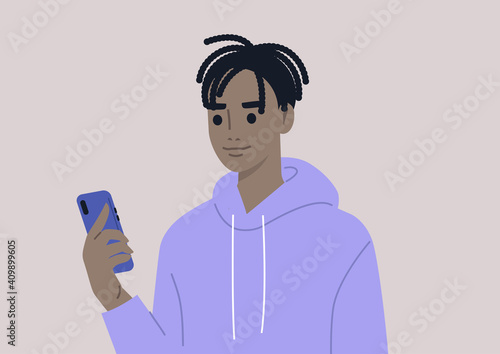 A young male Black character using a mobile phone, millennial daily life